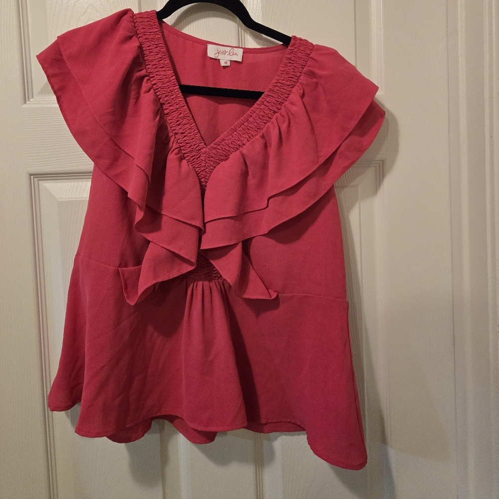 Elegant Fuchsia Ruffled V-Neck Blouse - Picture 1 of 7